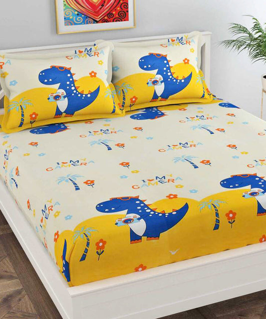 Fun With Dino Kids Flat Double Bedsheet with 2 Pillow Covers