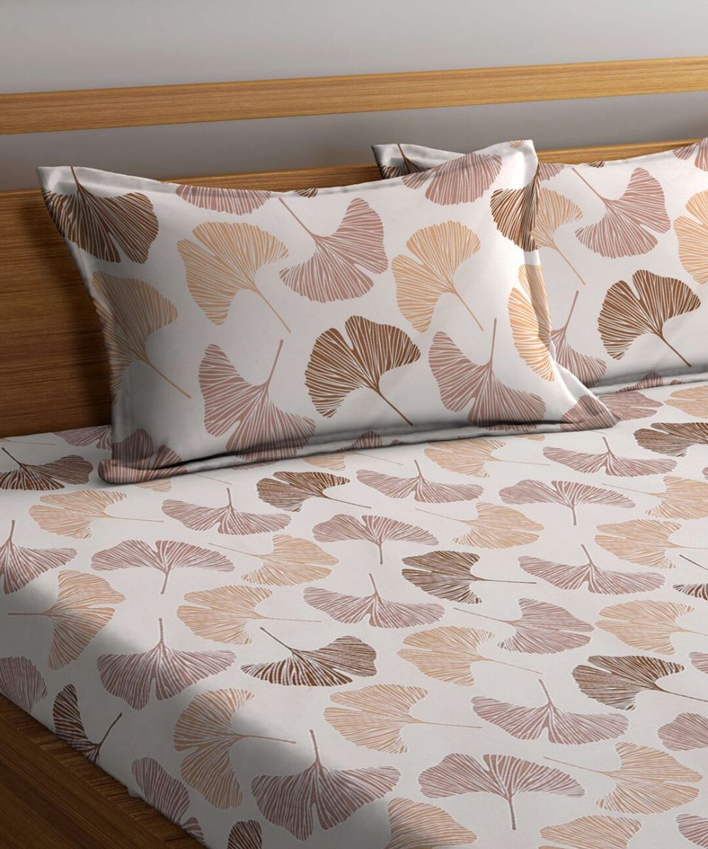 Off White Leaves Flat Double Bedsheet With 2 Pillow Cover