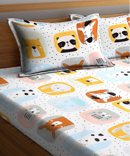 Cuddly Critters Kids Flat Double Bedsheet with 2 Pillow Covers
