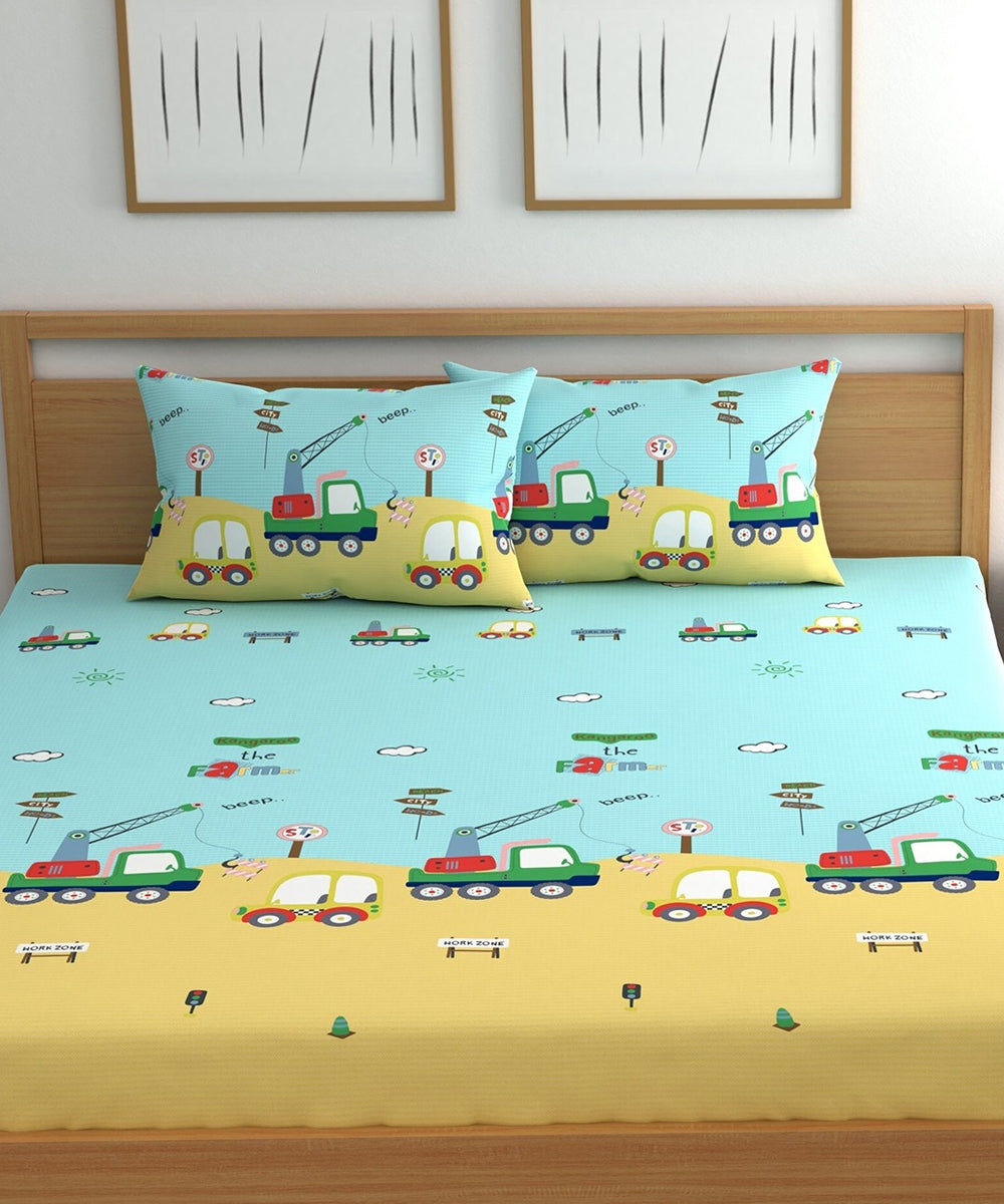 Little Builder Dream Kids Flat Double Bedsheet with 2 Pillow Covers
