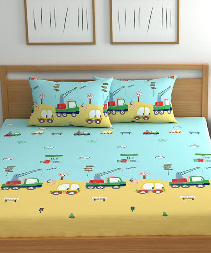 Little Builder Dream Kids Flat Double Bedsheet with 2 Pillow Covers