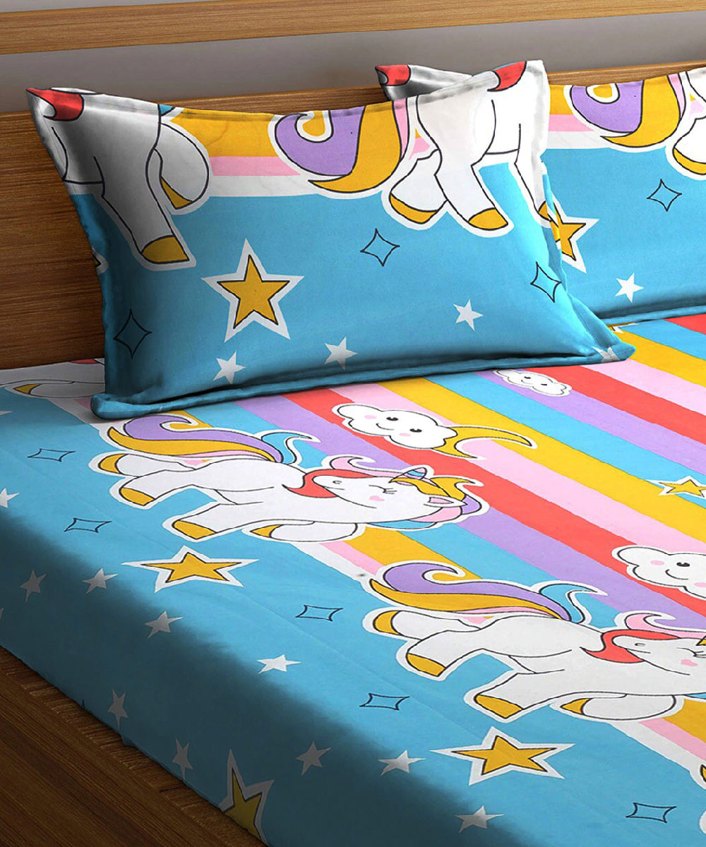 Unicorn Fantasy Print Flat Double Bedsheet with 2 Pillow Covers