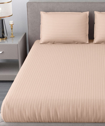Cream Satin Stripe Flat Double Bedsheet With 2 Pillow Covers