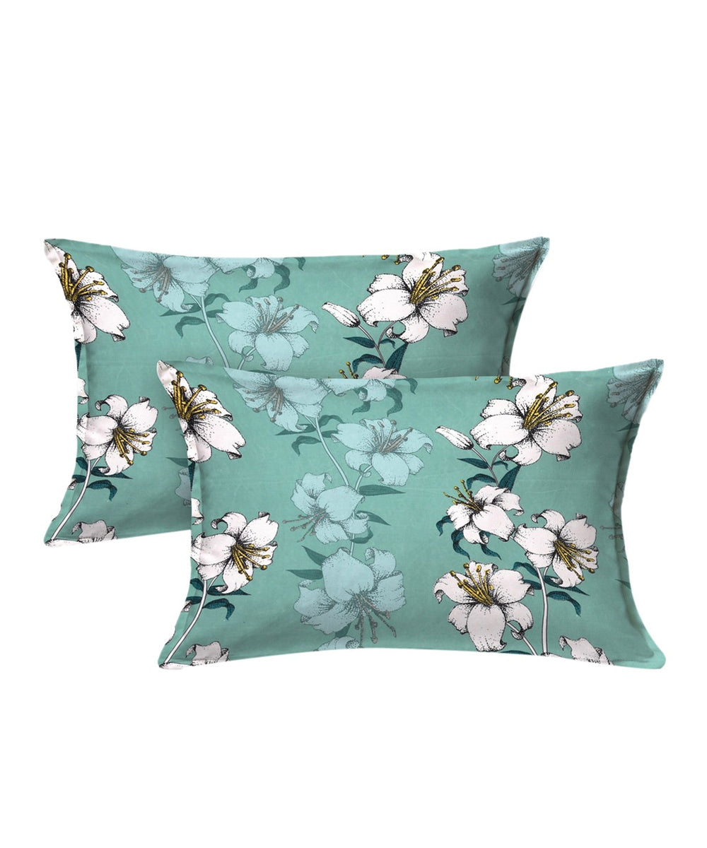 Green Floral Flat Double  Bedsheet with 2 Pillow Covers