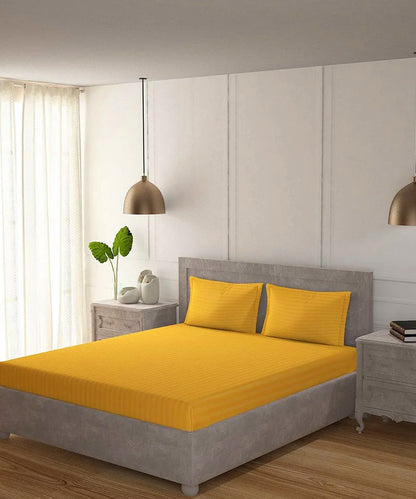 Yellow Satin Stripe Flat Double Bedsheet With 2 Pillow Covers
