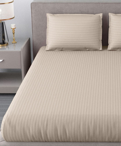 Beige Satin Stripe Flat Double Bedsheet With 2 Pillow Covers