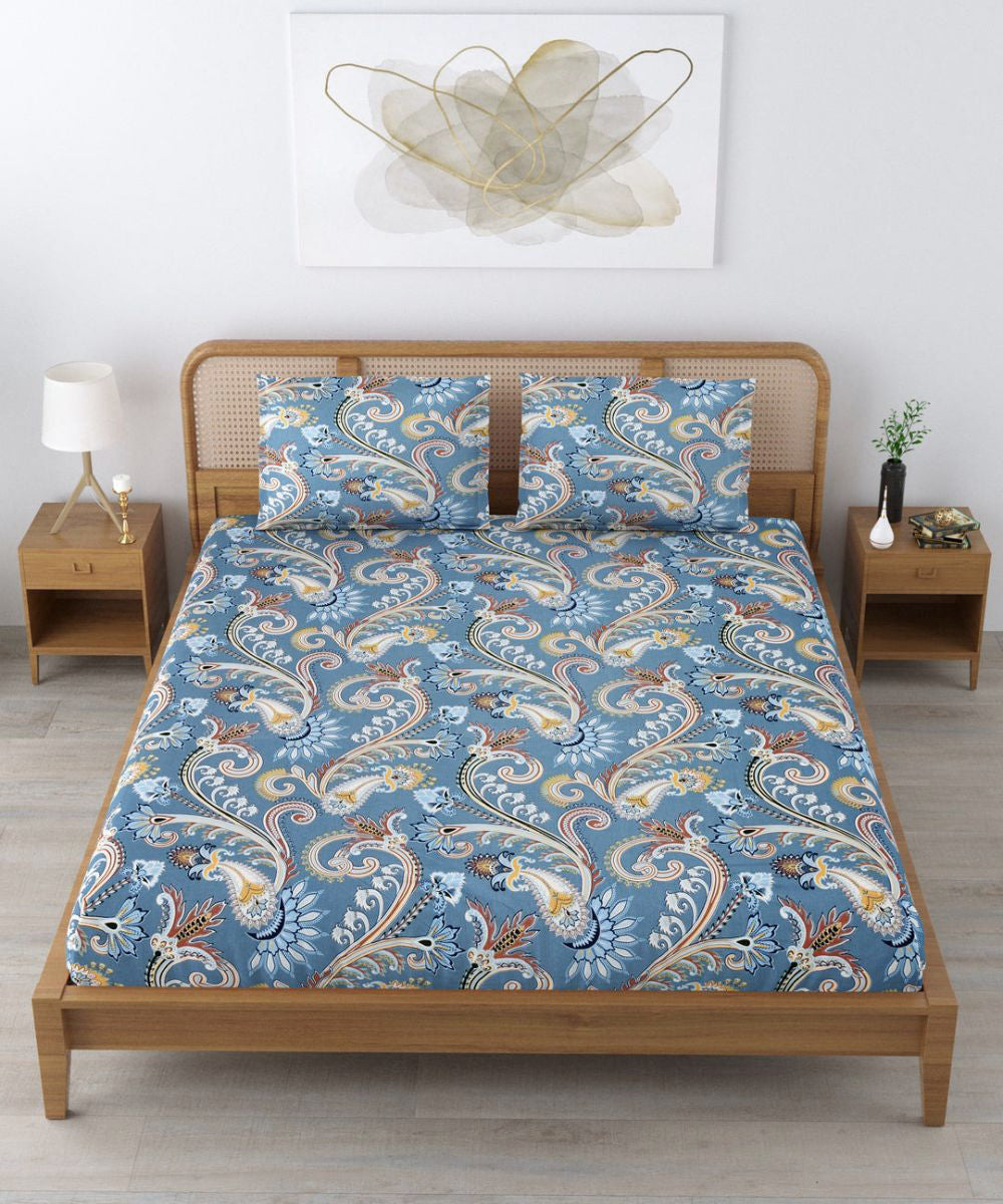 Blue Blossom Flat Double Bedsheet With 2 Pillow Cover