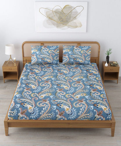 Blue Blossom Flat Double Bedsheet With 2 Pillow Cover