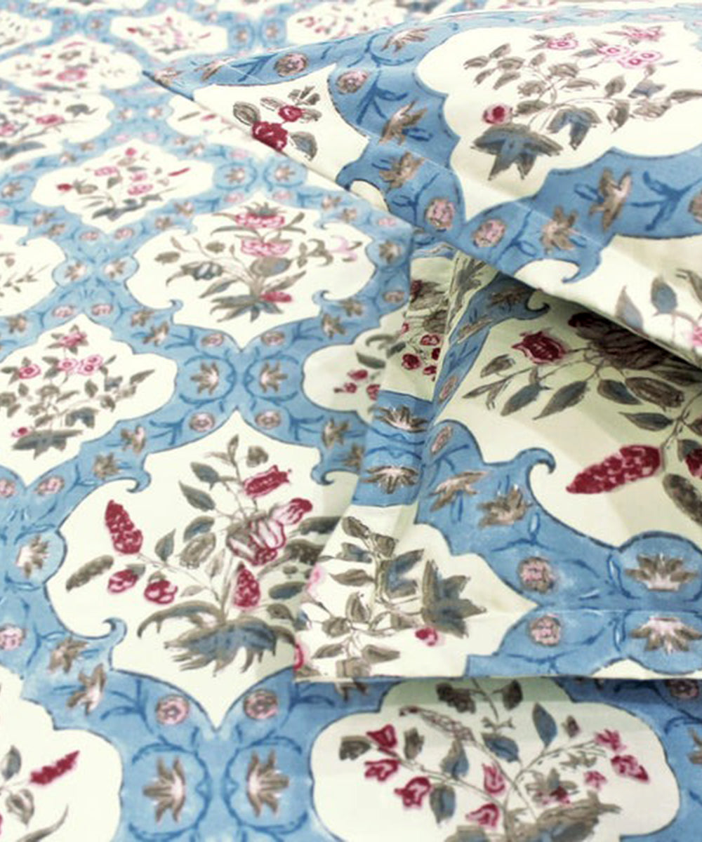 Blue Ethnic Flat Double Bedsheet With 2 Pillow Cover