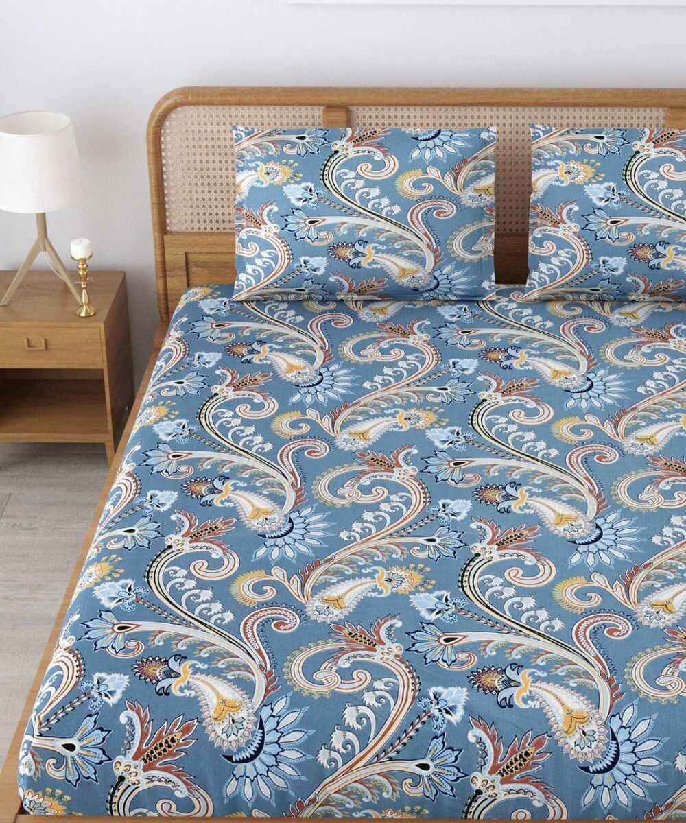 Blue Blossom Flat Double Bedsheet With 2 Pillow Cover