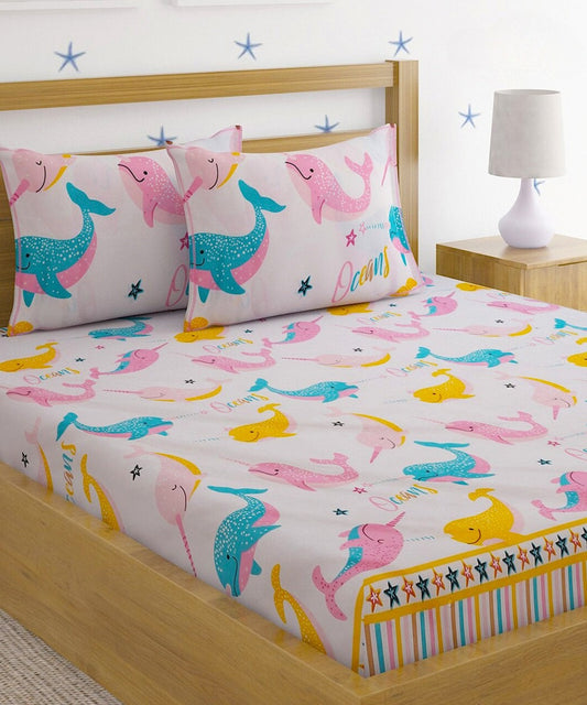 Ocean Fantasy Kids Flat Double Bedsheet with 2 Pillow Covers