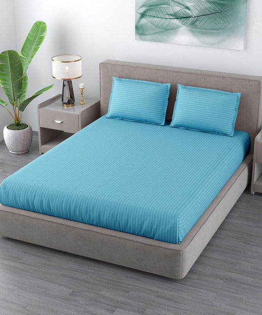 Sky Satin Stripe Flat King Bedsheet With 2 Pillow Covers