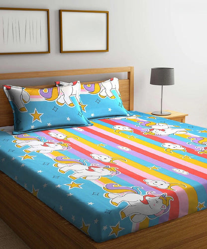 Unicorn Fantasy Print Flat Double Bedsheet with 2 Pillow Covers
