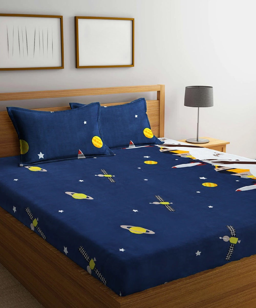 Space Printed Flat Double Bedsheet with 2 Pillow Covers