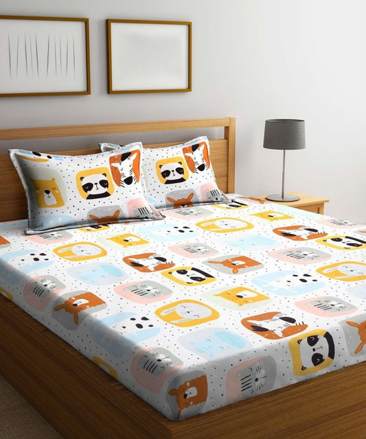 Cuddly Critters Kids Flat King Bedsheet with 2 Pillow Covers