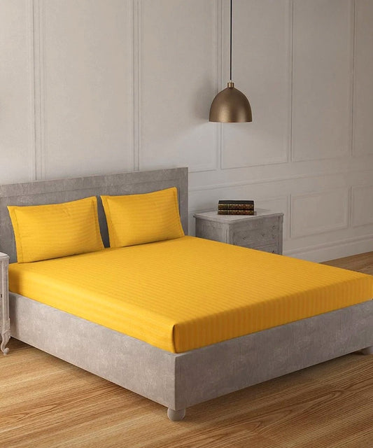Yellow Satin Stripe Flat Double Bedsheet With 2 Pillow Covers