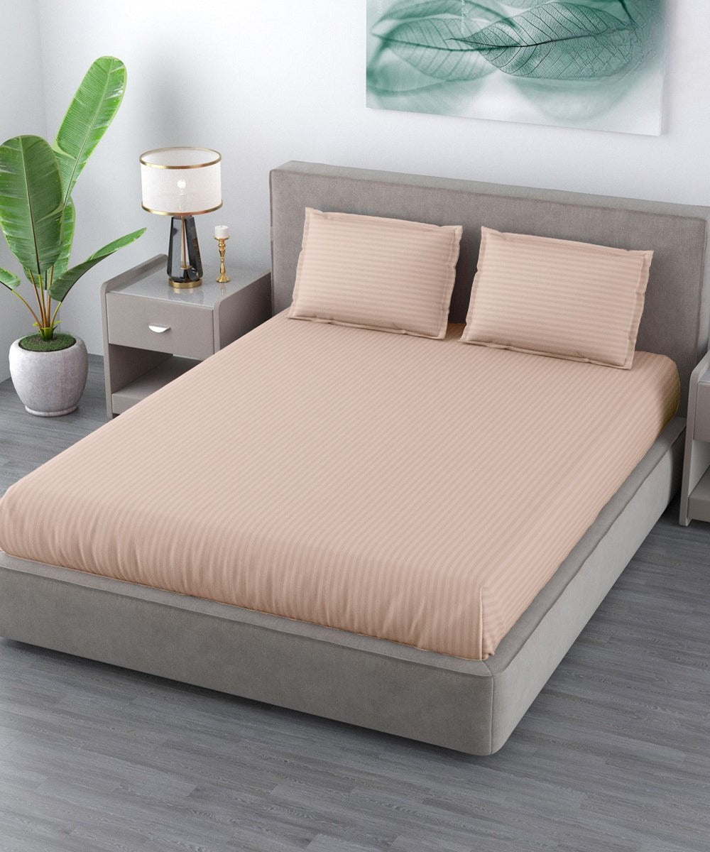 Cream Satin Stripe Flat Double Bedsheet With 2 Pillow Covers