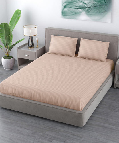 Cream Satin Stripe Flat Double Bedsheet With 2 Pillow Covers