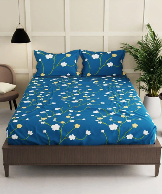 Blue Floral Flat King Bedsheet With 2 Pillow Cover