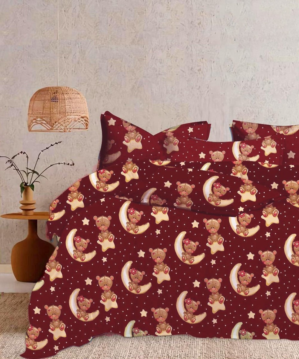 Lunar Bear Cuddles Kids Flat Double Bedsheet With 2 Pillow Cover