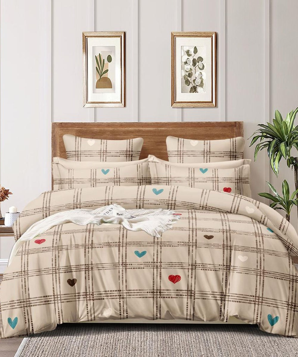 Heart & Checks Flat King Bedsheet With 2 Pillow Cover