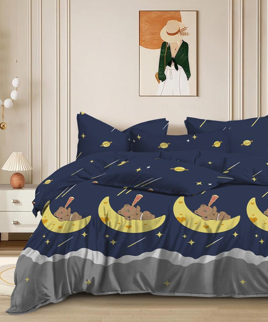 Moonlit Teddies Kids Flat King Bedsheet With 2 Pillow Cover