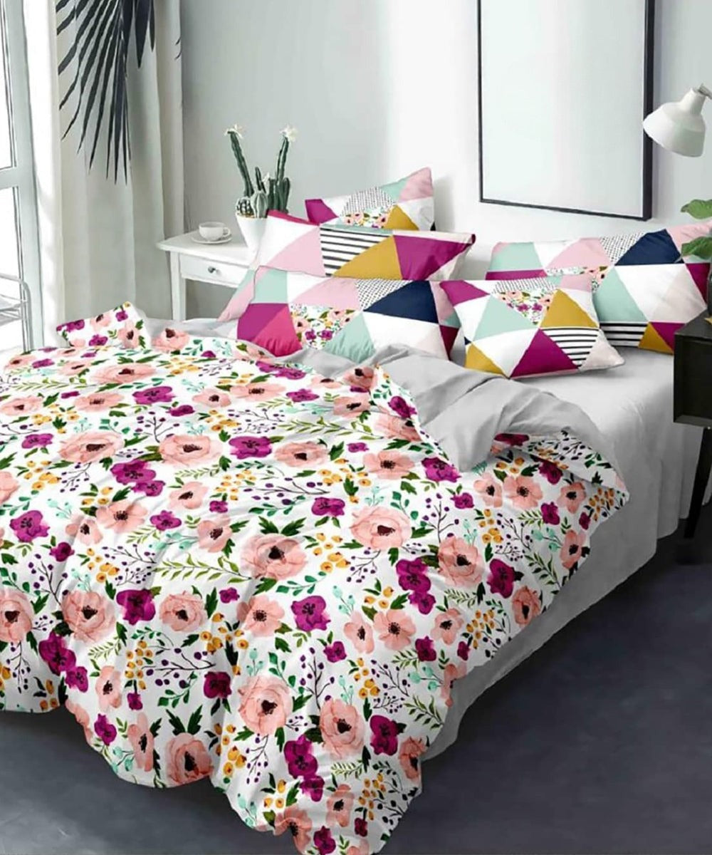 Multi Color Floral Flat Double Bedsheet With 2 Pillow Covers