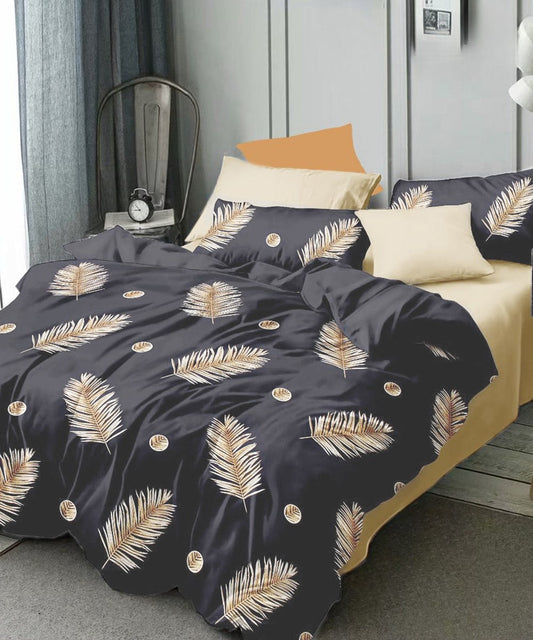 Dark Grey Leaves Flat Double Bedsheet With 2 Pillow Covers