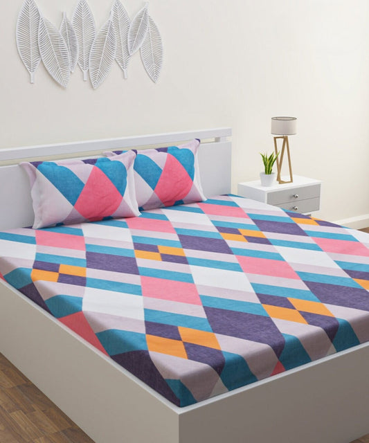 Multicoloured Squares Flat Double Bedsheet with 2 Pillow Covers