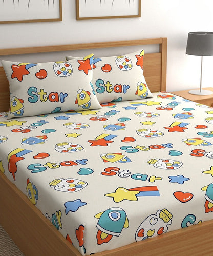 Star Kids Flat Double Bedsheet With 2 Pillow Cover
