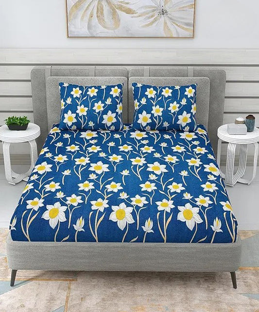 Blue Floral Flat Double Bedsheet With 2 Pillow Cover
