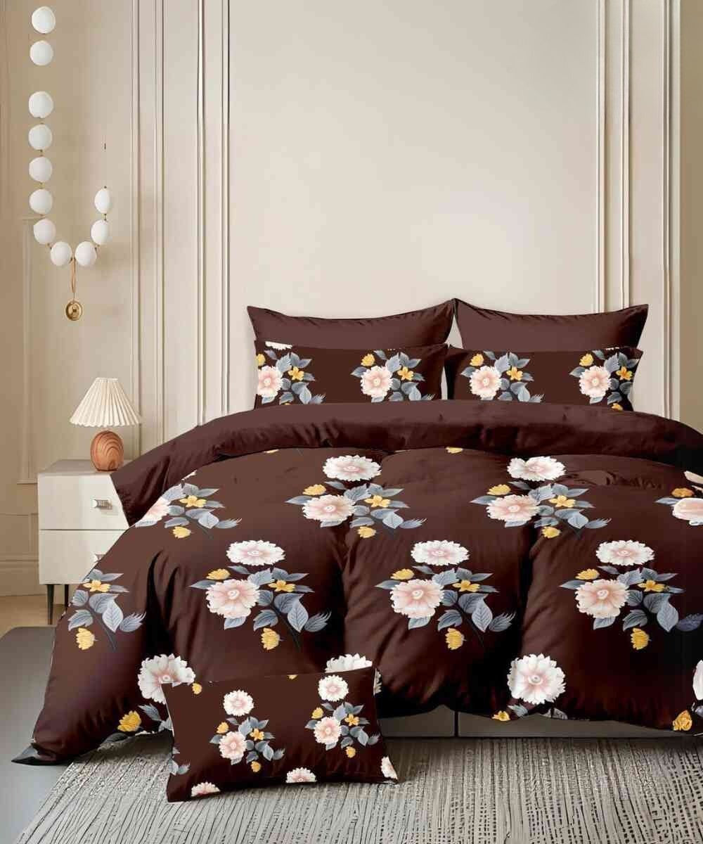 Mocha Blossom Flat Double Bedsheet With 2 Pillow Covers