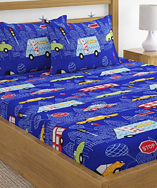 Toy Car Flat Double Bedsheet With 2 Pillow Cover