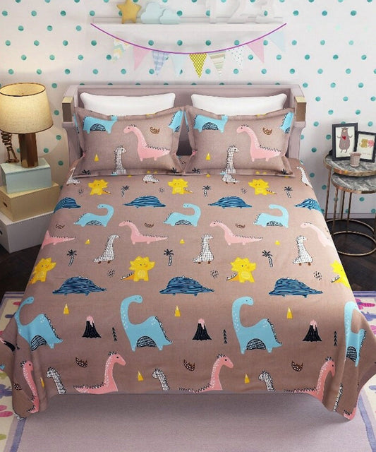 Dino Wonderland Flat King Bedsheet With 2 Pillow Cover