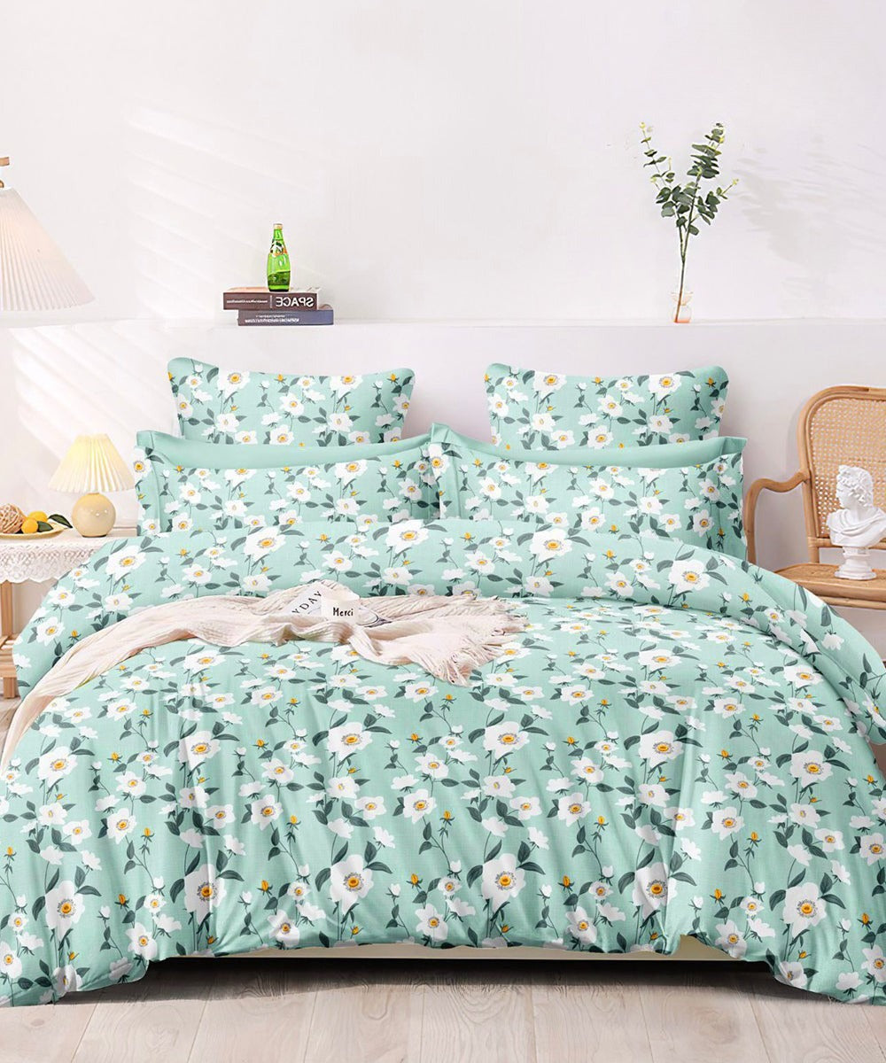 Green Blossom Flat Double Bedsheet With 2 Pillow Cover