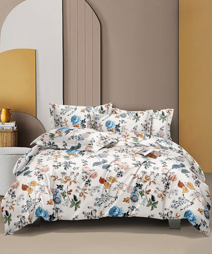 Ivory Floral Symphony Flat Double Bedsheet With 2 Pillow Covers