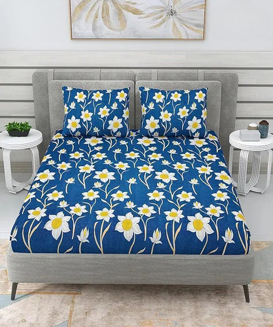Blue Floral Flat King Bedsheet With 2 Pillow Cover
