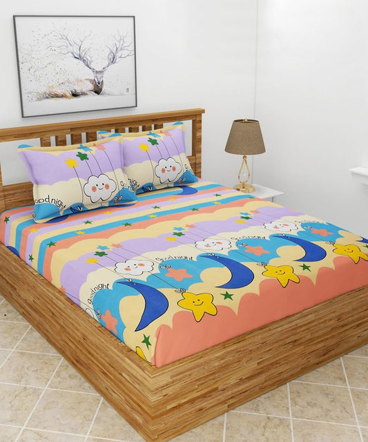 Dreamy Starry Night Kids Flat King Bedsheet with 2 Pillow Covers