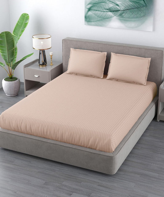 Cream Satin Stripe Flat King Bedsheet With 2 Pillow Covers