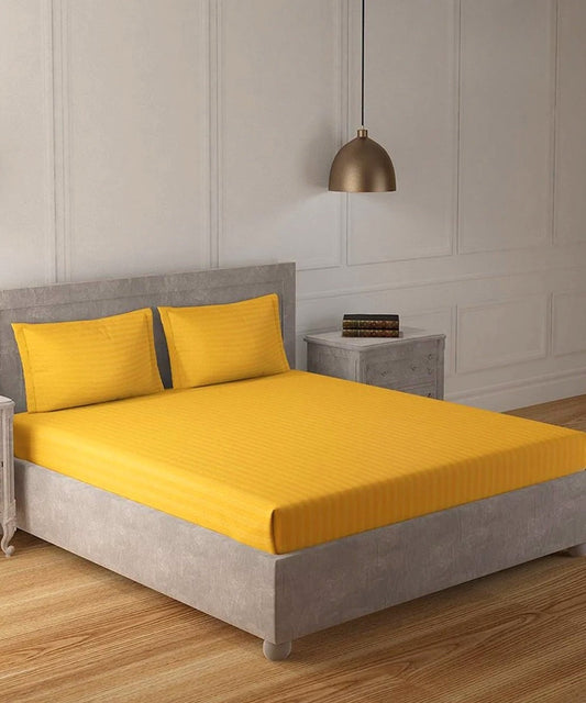 Yellow Satin Stripe Flat King Bedsheet With 2 Pillow Covers
