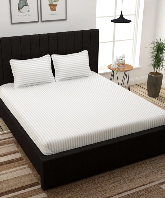 White Satin Stripe Flat King Bedsheet With 2 Pillow Covers