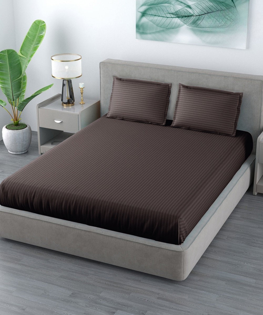 Brown Satin Stripe Flat King Bed With 2 Pillow Covers