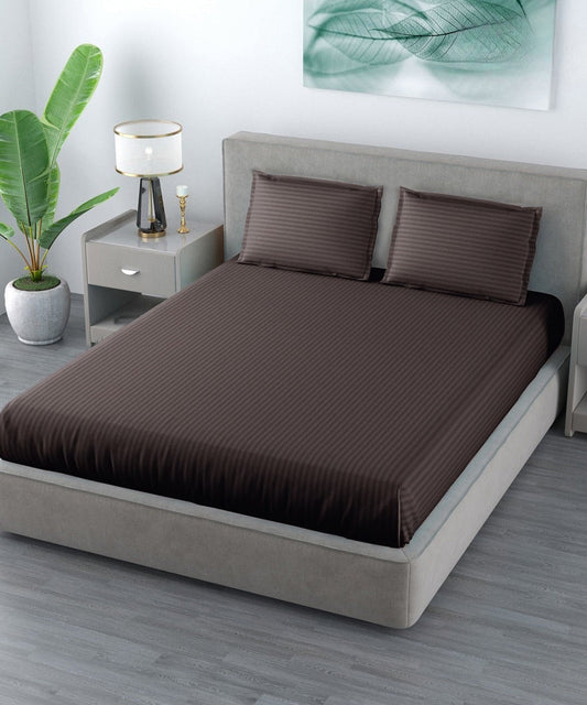 Brown Satin Stripe Flat King Bed With 2 Pillow Covers