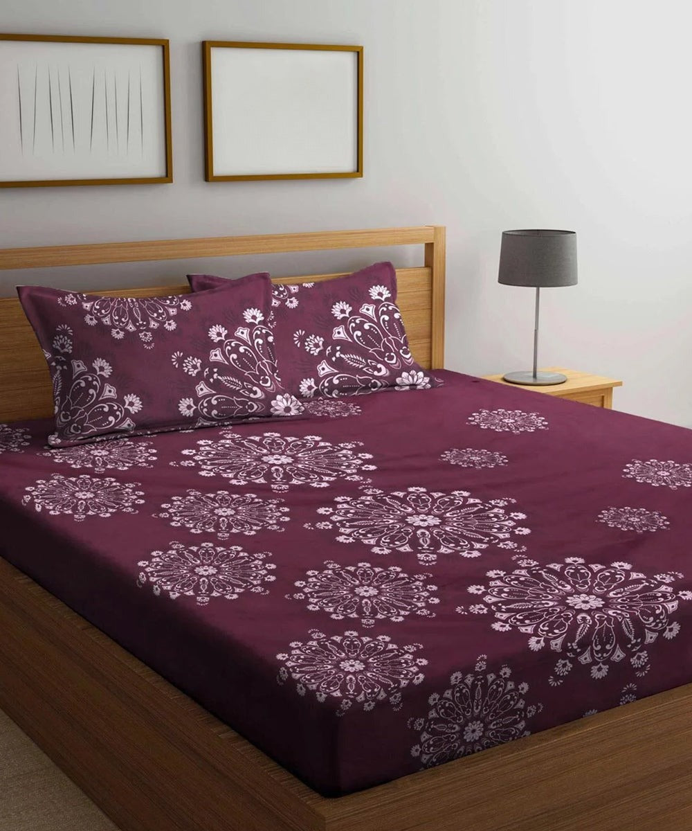 Wine Floral Flat King Bedsheet With 2 Pillow Covers
