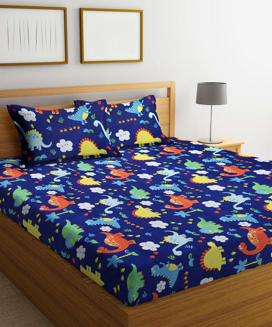 Blue Dinasaur Kids Flat King Bedsheet with 2 Pillow Covers
