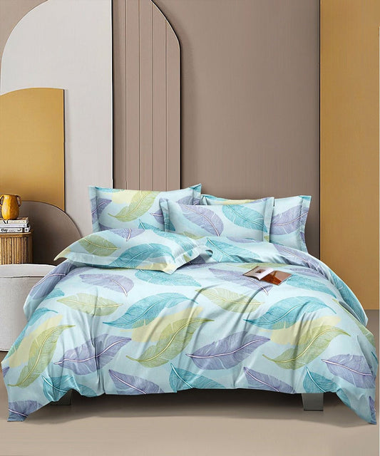 Pale Turquoise Leafy Pattern Flat King Bedsheet With 2 Pillow Covers
