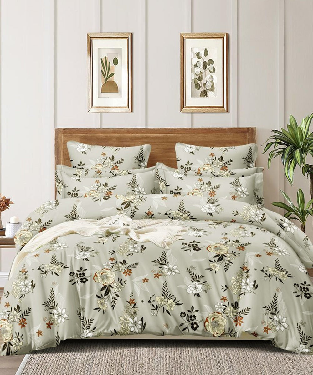 Grey Floral Flat Double Bedsheet With 2 Pillow Covers