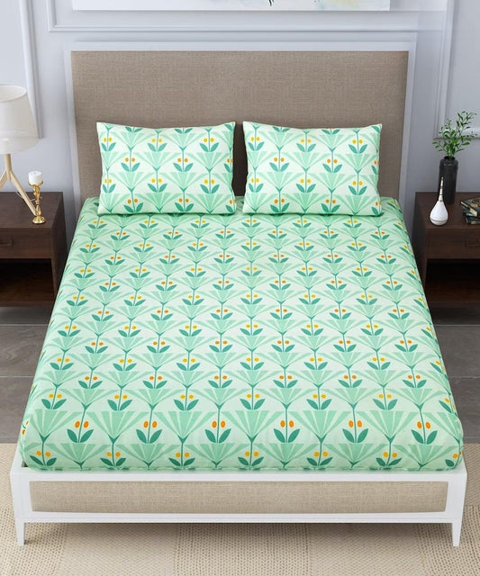 Green Floral Double Bedsheet With 2 Pillow Cover
