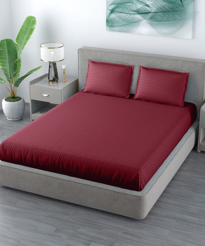 Maroon Satin Stripe Flat Double Bedsheet With 2 Pillow Covers