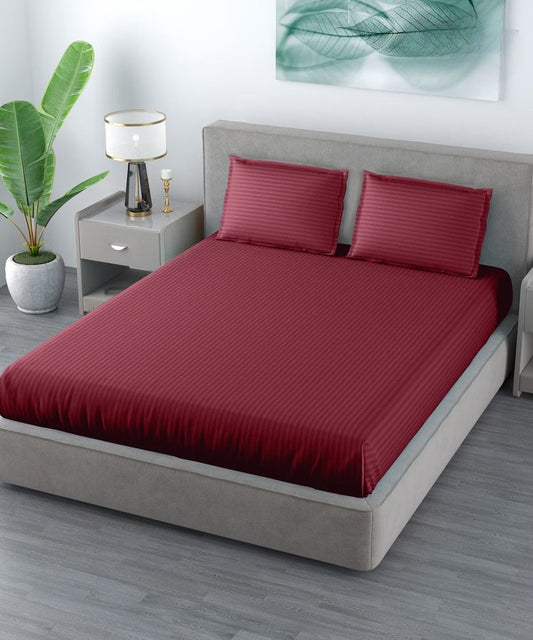 Maroon Satin Stripe Flat Double Bedsheet With 2 Pillow Covers